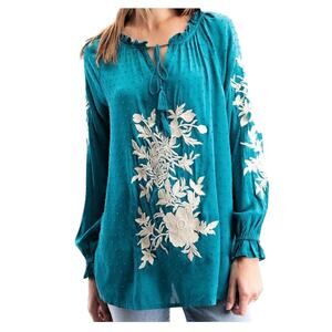 Solitaire Womens Embroidered Boho Blouse Medium Teal Peasant Hippie Romantic‎